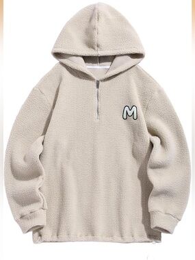 Zaful Cream and Black Plush Hoodie with Logo Tag